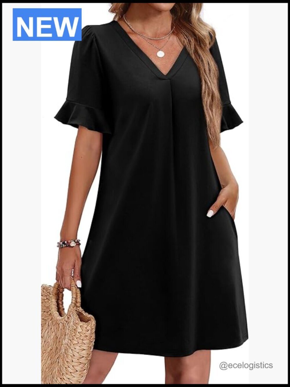Ruffle Short Sleeve V Neck Casual Shift Dress with Pockets